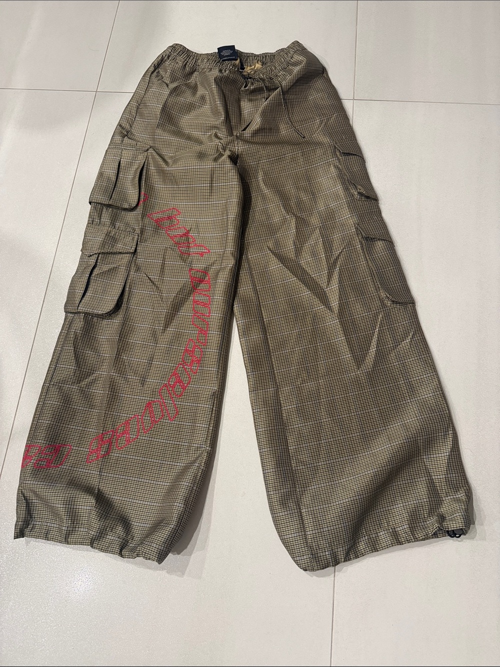 Daily Paper Olive Plaid Cargo Pants with Red Script